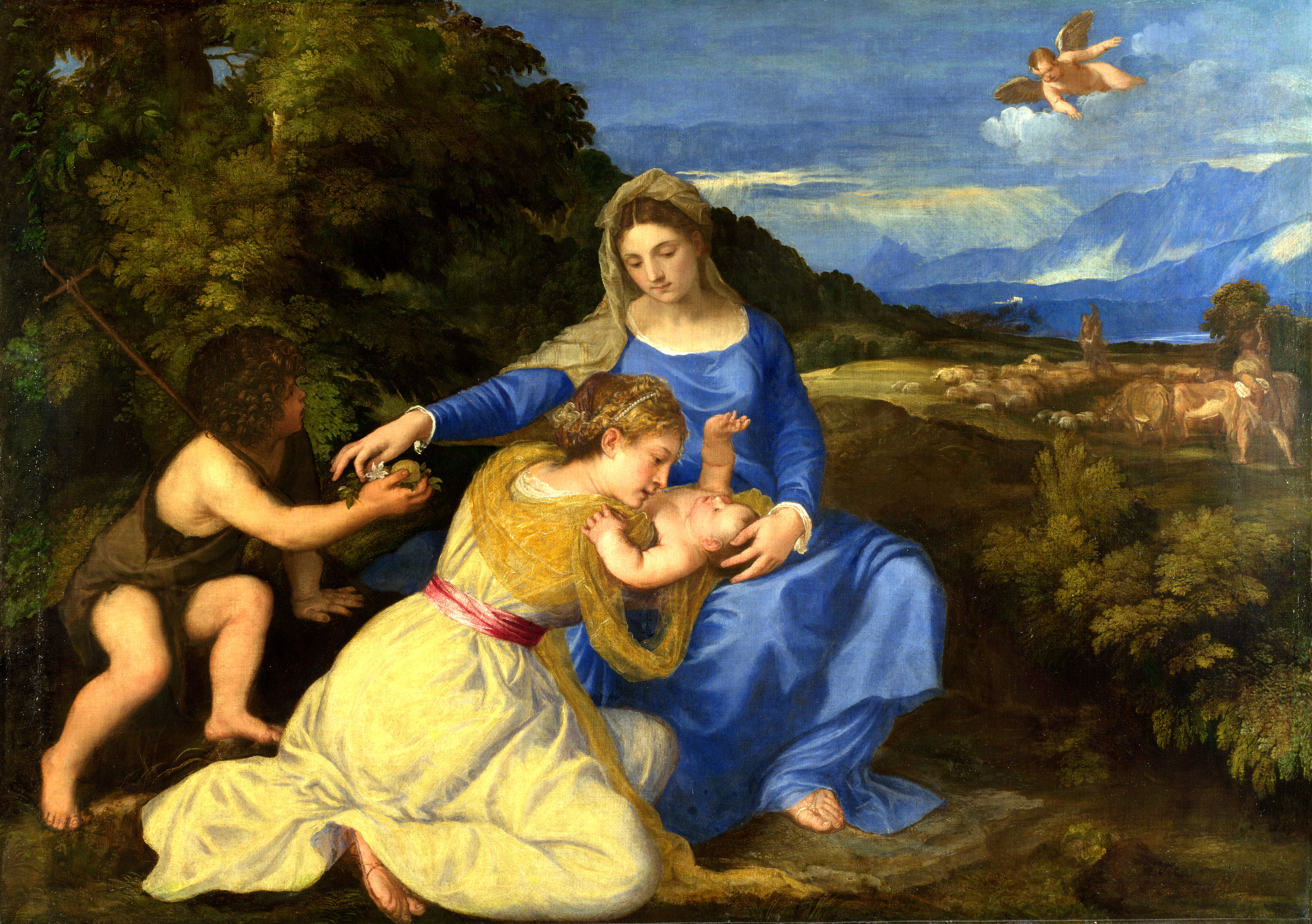 Название самых знаменитых картин. Тициан Мадонна с младенцем. Тициан Вечеллио Мадонна. ,Вечеллио Тициан , «Мадонна семьи Куччина»,. Тициан Мадонна с младенцем, святыми и святым Иоанном (1530).