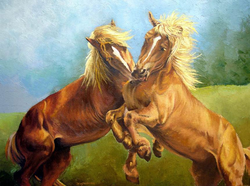 Что означает картина. Дерущуюся кони - картины. Картина 2 лошади. Две играющие лошади. Картина две лошади по фен шуй.