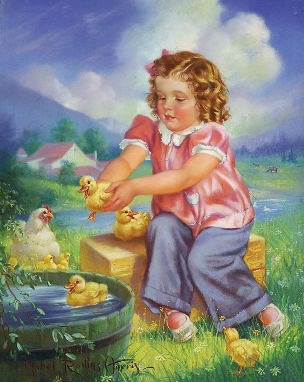 Картина дети кормят курицу и цыплят. Mabel Rollins Harris. Иллюстратор Mabel Rollins Harris. Мабел Роллинс художник. Девочка с утятами.