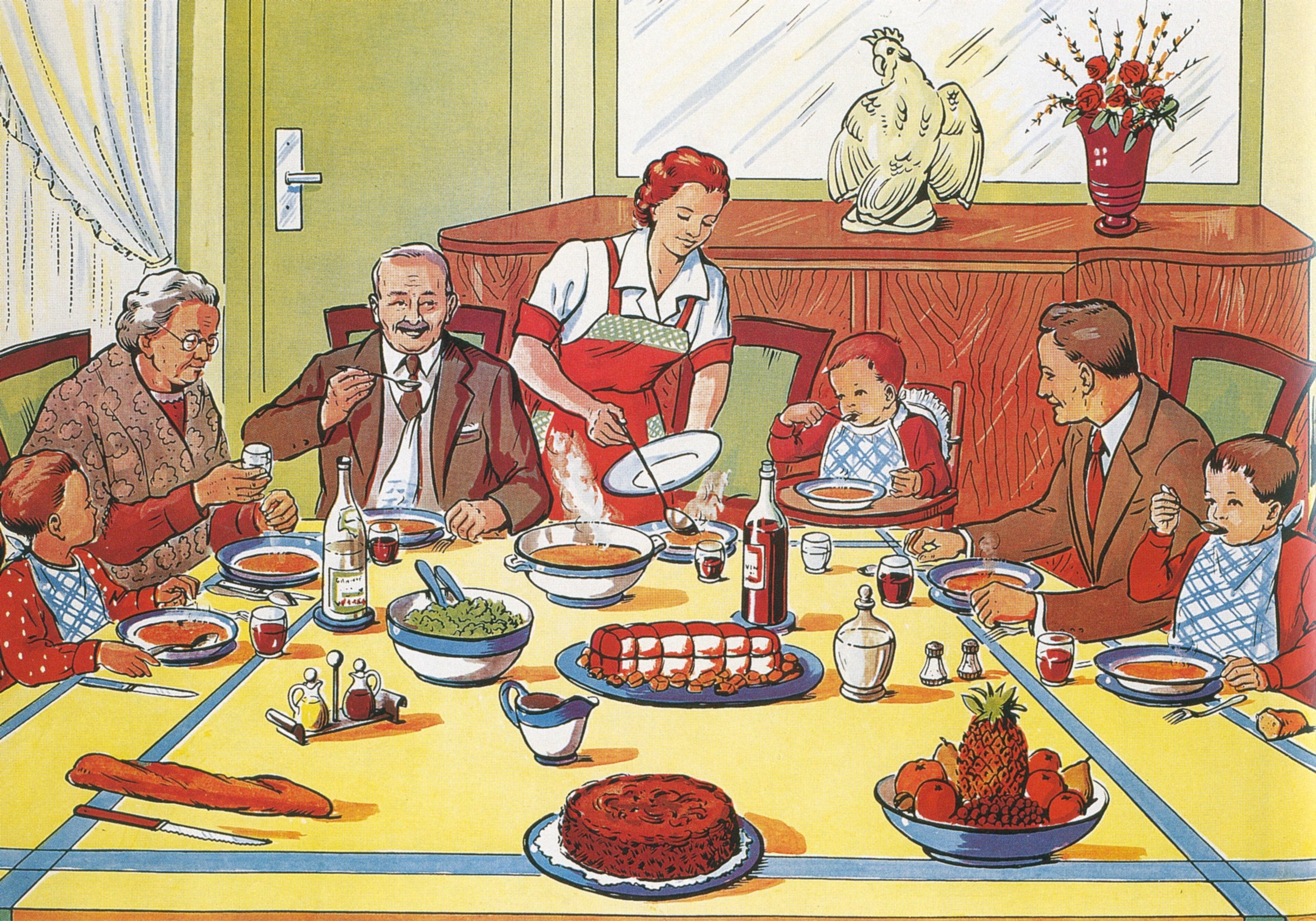Какая традиция изображена. Советская семья за столом. Картина семья за столом. Советское застолье иллюстрация. Картина праздничный стол.