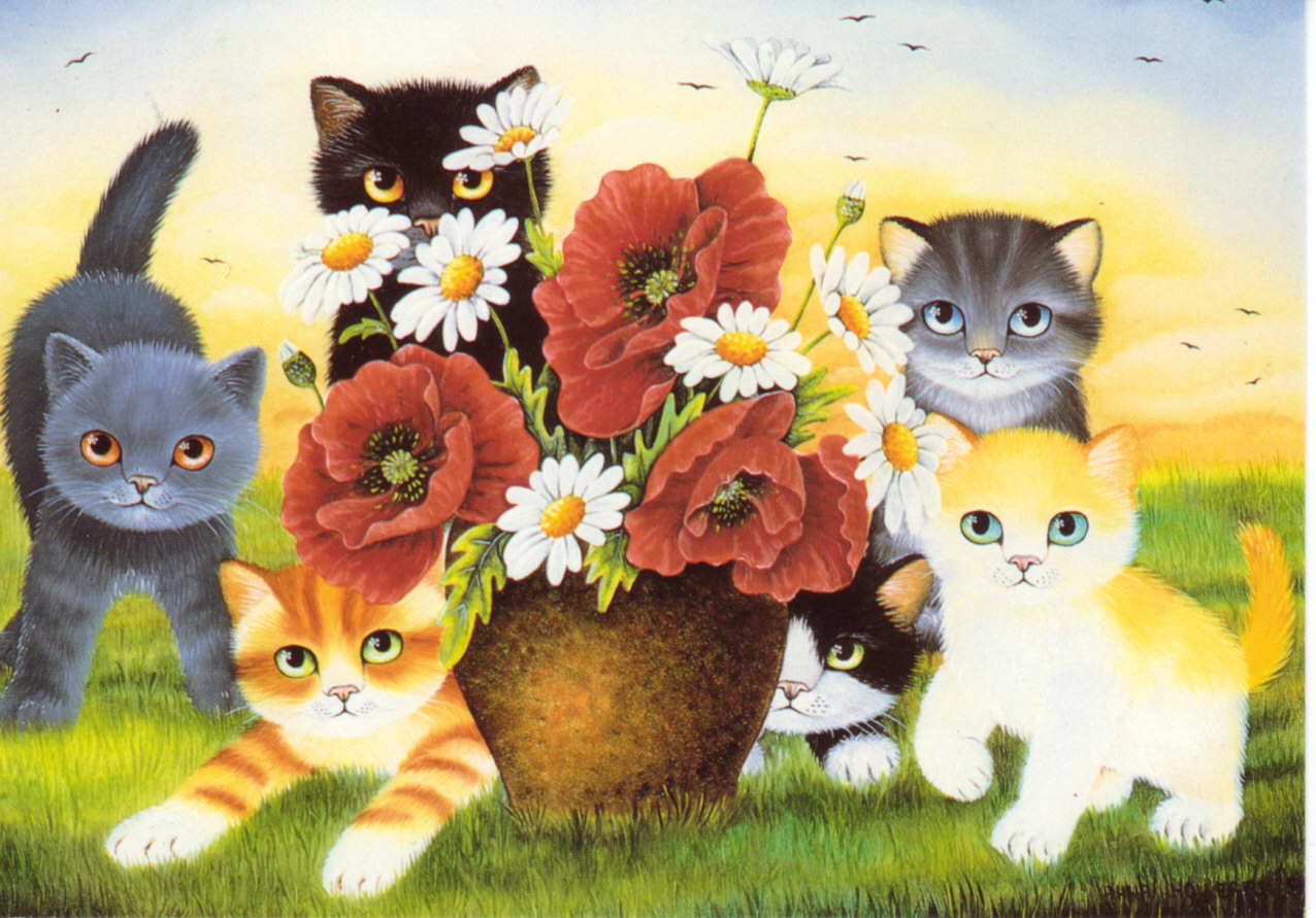 Поздравление кошечки. Коты Анны Холлерер. Финская художница Anna Hollerer. Котенок в цветах.