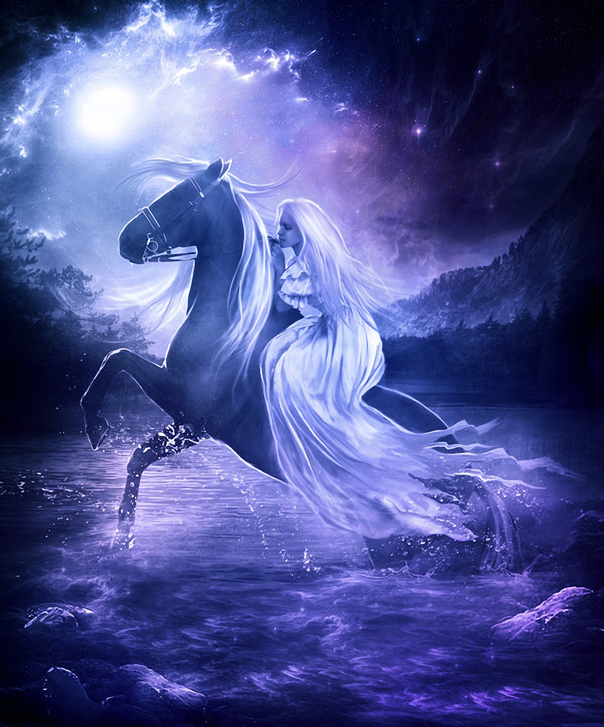Единорог ночи. Лошади фэнтези. Девушка на лошади фэнтези. Конь фэнтези. Мистические лошади.