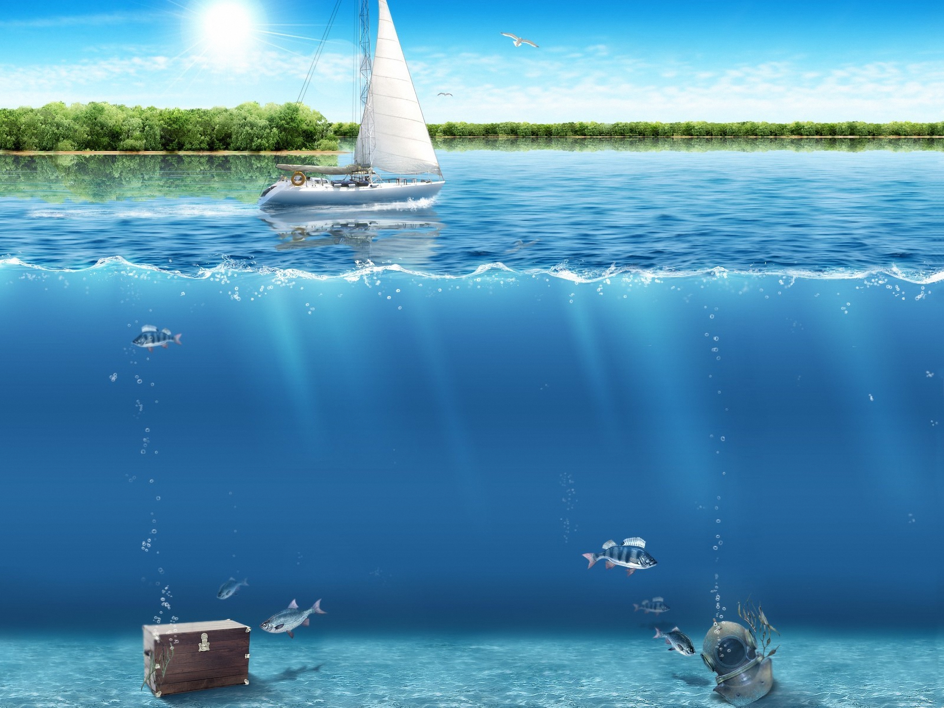Волна от парохода плывущего. Над водой и под водой. Морская тематика. Море под водой. Корабль из под воды.